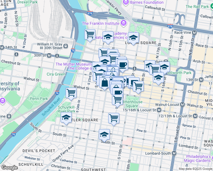 map of restaurants, bars, coffee shops, grocery stores, and more near 118 South 21st Street in Philadelphia