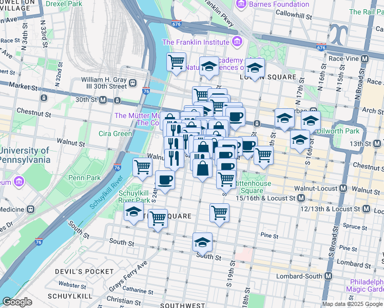 map of restaurants, bars, coffee shops, grocery stores, and more near 127 South 22nd Street in Philadelphia