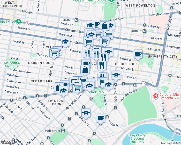 map of restaurants, bars, coffee shops, grocery stores, and more near 4412 Pine Street in Philadelphia