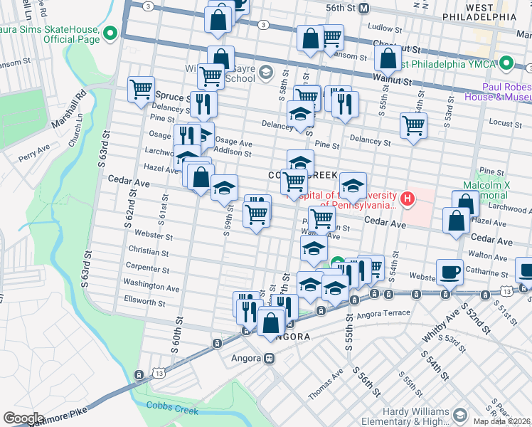 map of restaurants, bars, coffee shops, grocery stores, and more near 5749 Walton Avenue in Philadelphia