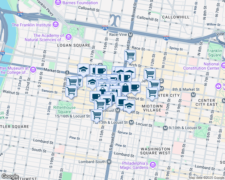 map of restaurants, bars, coffee shops, grocery stores, and more near in Philadelphia