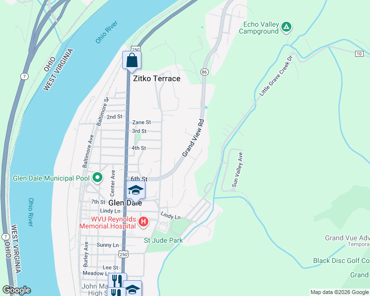 map of restaurants, bars, coffee shops, grocery stores, and more near 610 Grandview Rd in Glen Dale