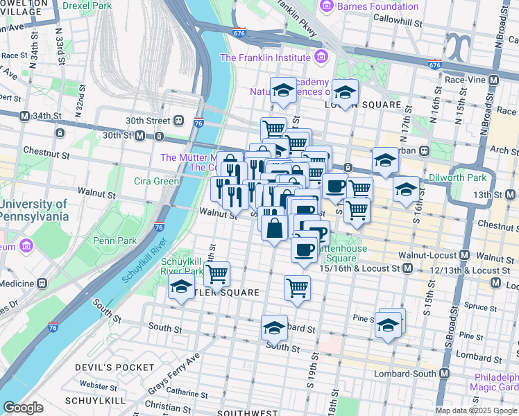 map of restaurants, bars, coffee shops, grocery stores, and more near 127 South 22nd Street in Philadelphia
