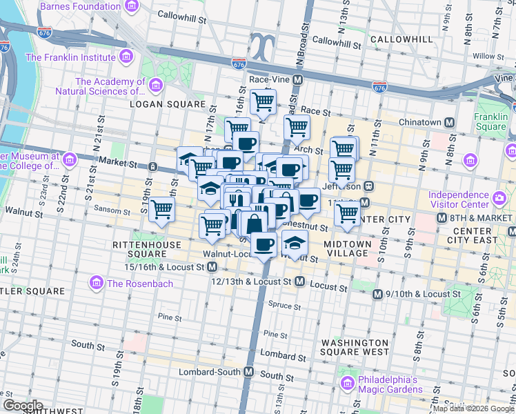 map of restaurants, bars, coffee shops, grocery stores, and more near 1414 South Penn Square in Philadelphia