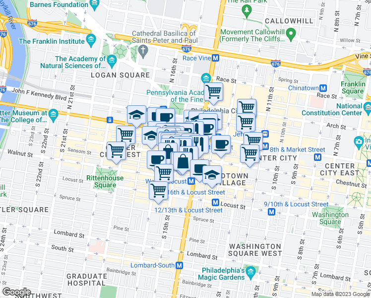 map of restaurants, bars, coffee shops, grocery stores, and more near 1416 Chestnut Street in Philadelphia