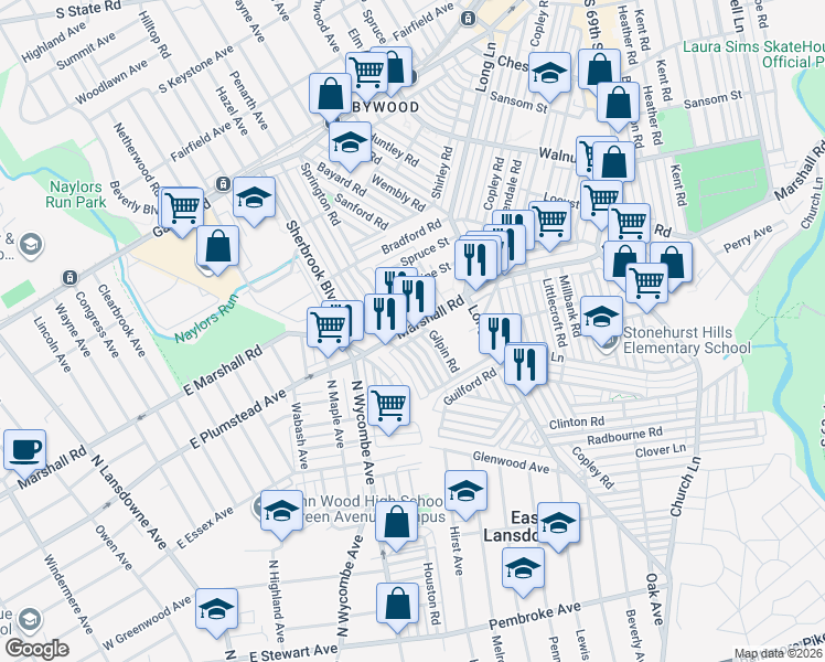 map of restaurants, bars, coffee shops, grocery stores, and more near 82 Lamport Road in Delaware County