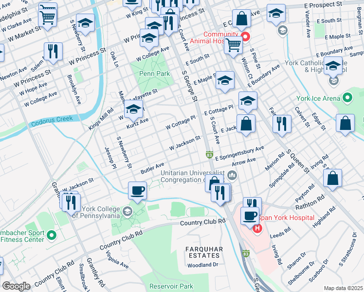 map of restaurants, bars, coffee shops, grocery stores, and more near 108 West Jackson Street in York