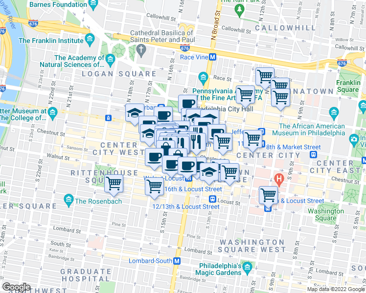 map of restaurants, bars, coffee shops, grocery stores, and more near 1416 Chestnut Street in Philadelphia