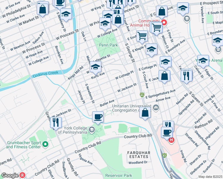 map of restaurants, bars, coffee shops, grocery stores, and more near 736 South Pershing Avenue in York