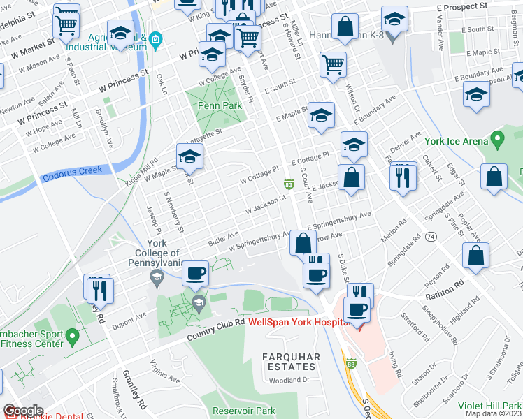 map of restaurants, bars, coffee shops, grocery stores, and more near 106 West Jackson Street in York