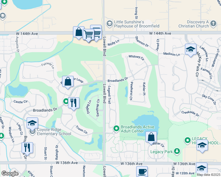 map of restaurants, bars, coffee shops, grocery stores, and more near 13936 Legend Trail in Broomfield