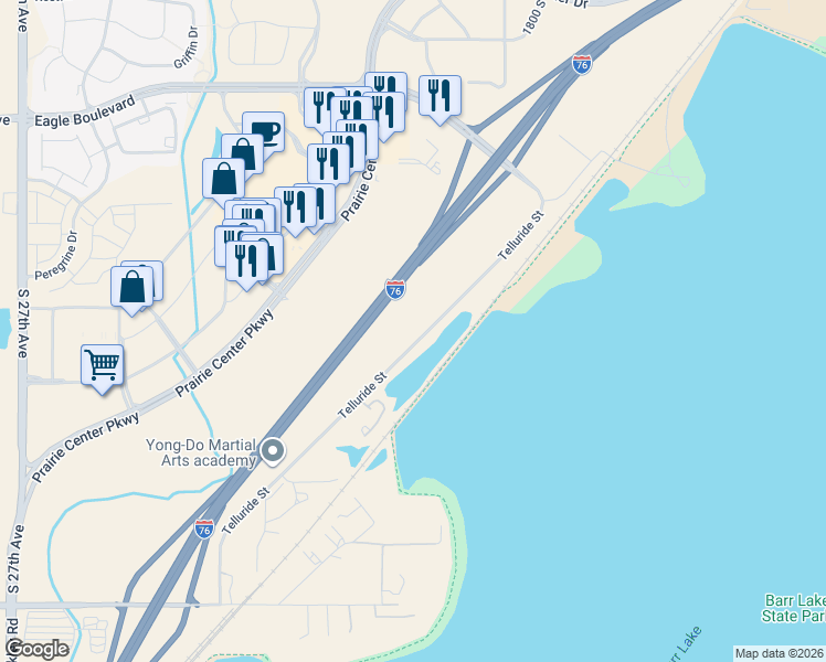 map of restaurants, bars, coffee shops, grocery stores, and more near Buffalo Run Drive in Commerce City