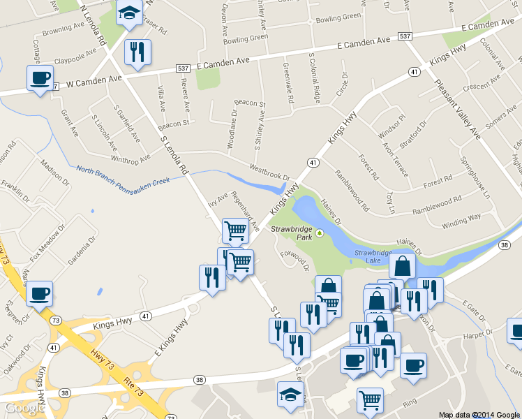 map of restaurants, bars, coffee shops, grocery stores, and more near 113 Kings Highway in Moorestown