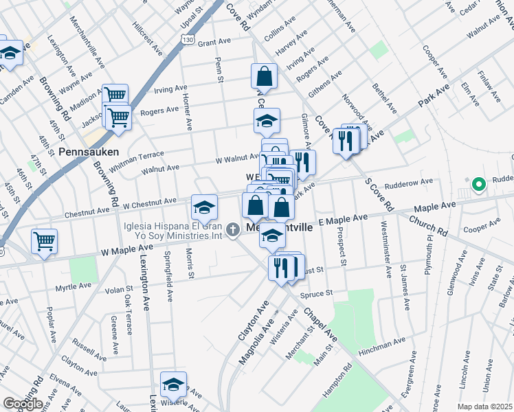map of restaurants, bars, coffee shops, grocery stores, and more near 13 West Park Avenue in Merchantville