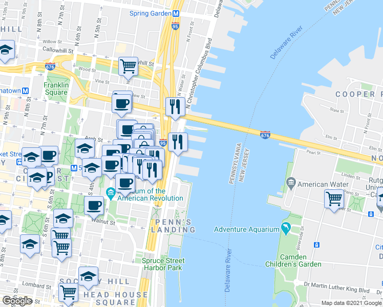 map of restaurants, bars, coffee shops, grocery stores, and more near 31 North Christopher Columbus Boulevard in Philadelphia