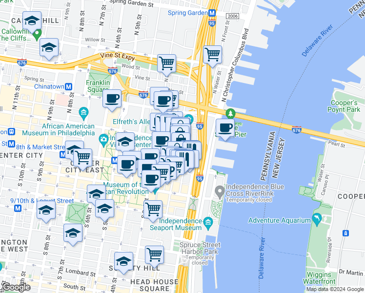 map of restaurants, bars, coffee shops, grocery stores, and more near 24 Cuthbert Street in Philadelphia