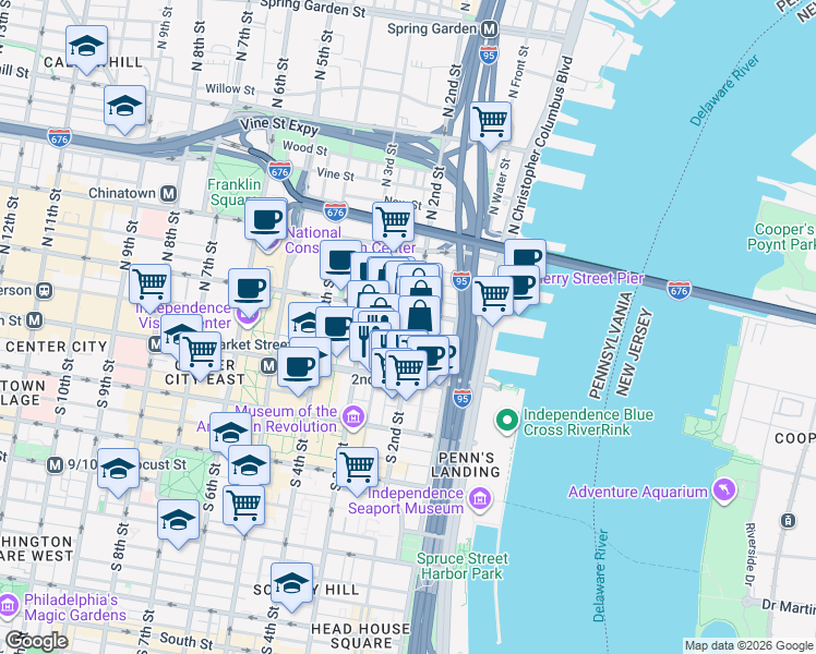 map of restaurants, bars, coffee shops, grocery stores, and more near 51 North 3rd Street in Philadelphia