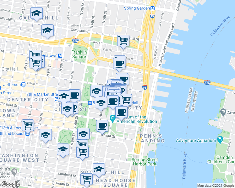 map of restaurants, bars, coffee shops, grocery stores, and more near 30 North 3rd Street in Philadelphia