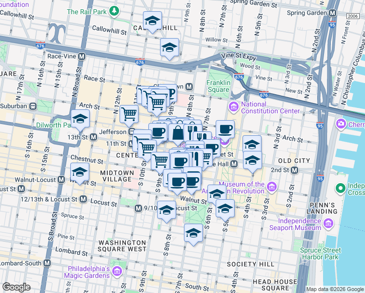 map of restaurants, bars, coffee shops, grocery stores, and more near in Philadelphia