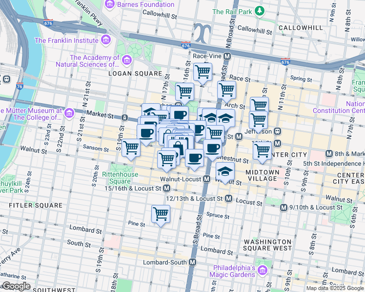 map of restaurants, bars, coffee shops, grocery stores, and more near 1508 Sansom Street in Philadelphia
