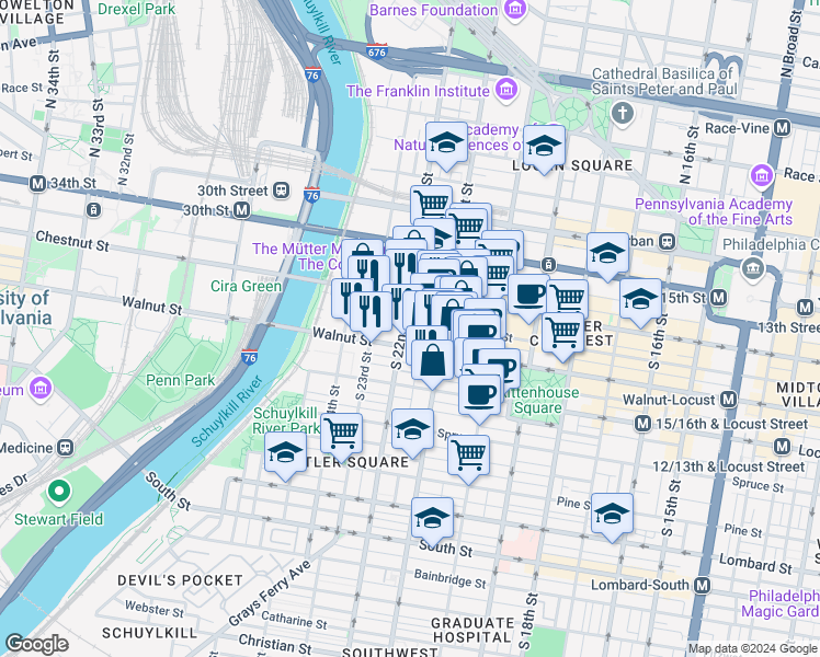 map of restaurants, bars, coffee shops, grocery stores, and more near in Philadelphia