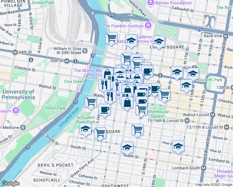 map of restaurants, bars, coffee shops, grocery stores, and more near in Philadelphia