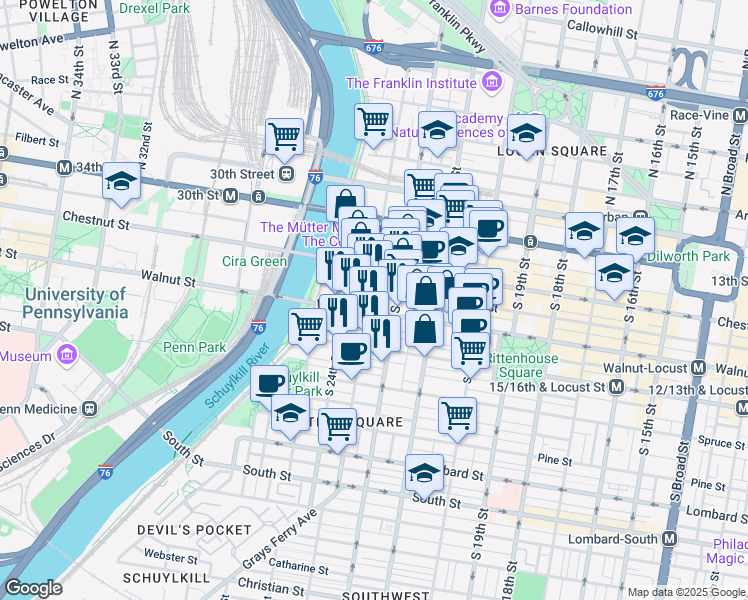 map of restaurants, bars, coffee shops, grocery stores, and more near in Philadelphia