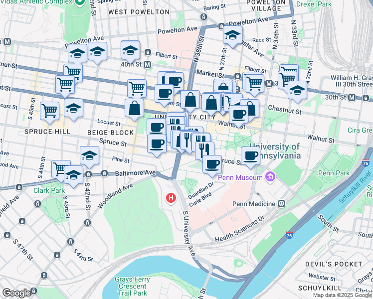 map of restaurants, bars, coffee shops, grocery stores, and more near 3733 Spruce Street in Philadelphia