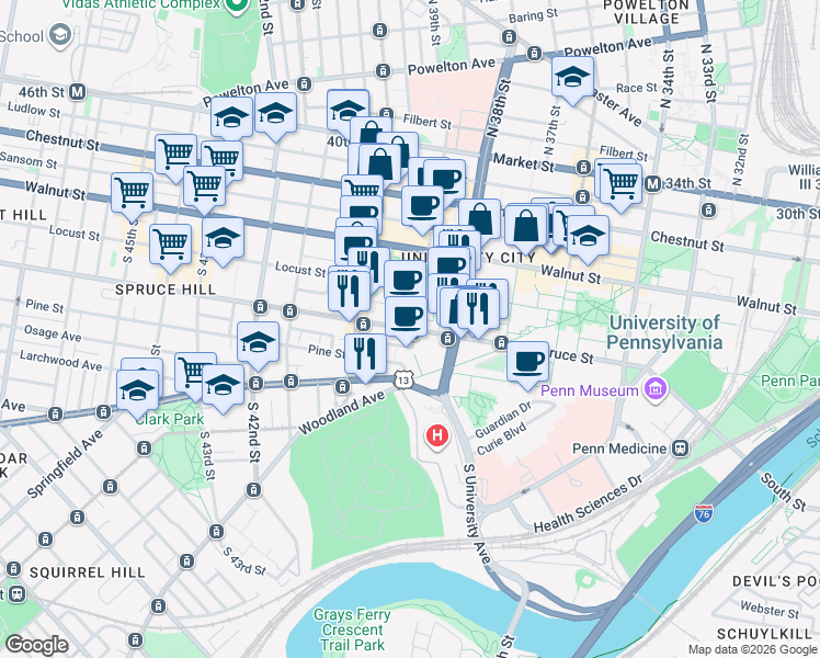 map of restaurants, bars, coffee shops, grocery stores, and more near 2310 Delancey Street in Philadelphia