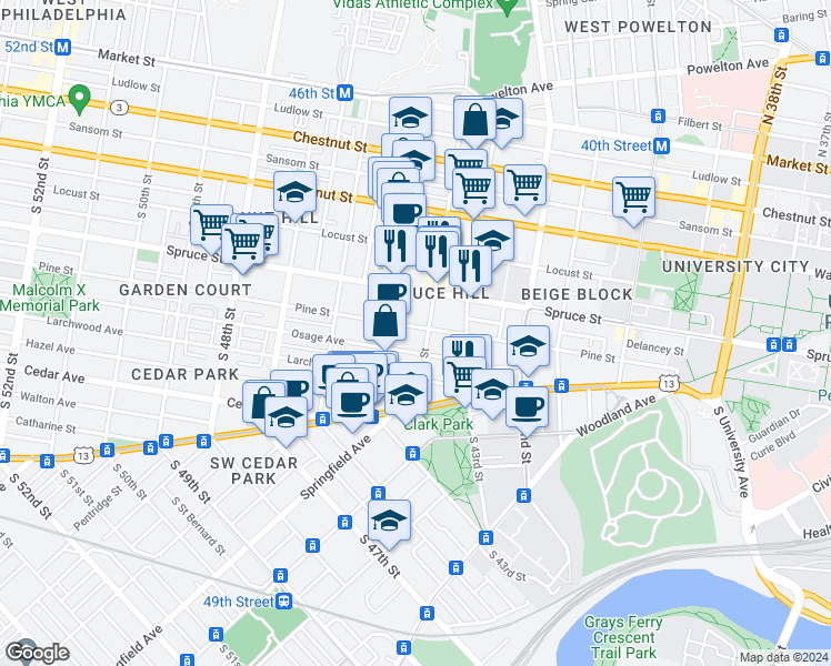 map of restaurants, bars, coffee shops, grocery stores, and more near 4428 Pine Street in Philadelphia