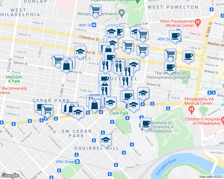 map of restaurants, bars, coffee shops, grocery stores, and more near 4428 Pine Street in Philadelphia