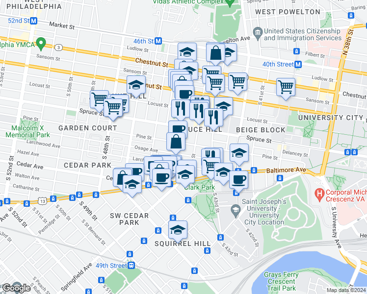 map of restaurants, bars, coffee shops, grocery stores, and more near 4428 Pine Street in Philadelphia