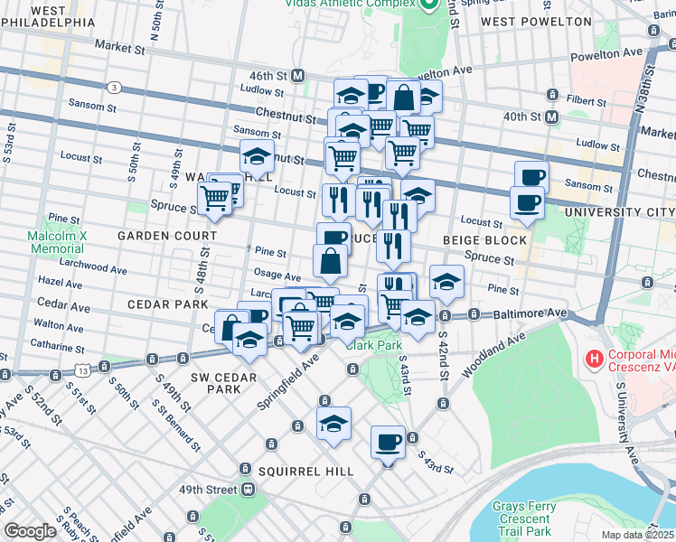 map of restaurants, bars, coffee shops, grocery stores, and more near 4428 Pine Street in Philadelphia
