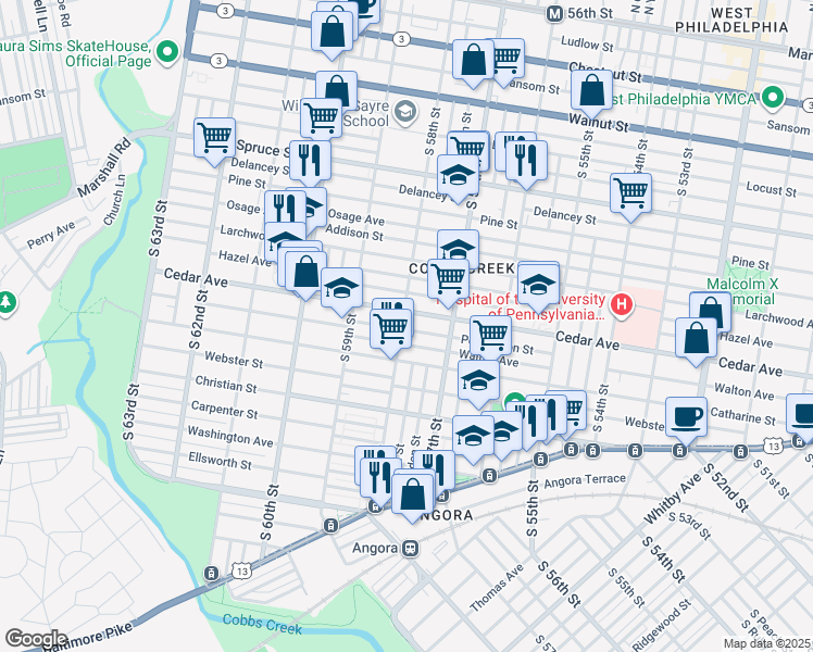 map of restaurants, bars, coffee shops, grocery stores, and more near 5749 Walton Avenue in Philadelphia