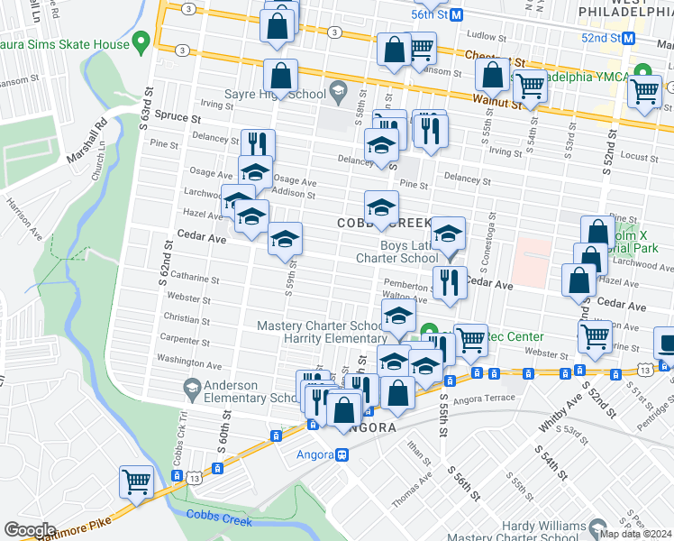 map of restaurants, bars, coffee shops, grocery stores, and more near 5749 Walton Avenue in Philadelphia