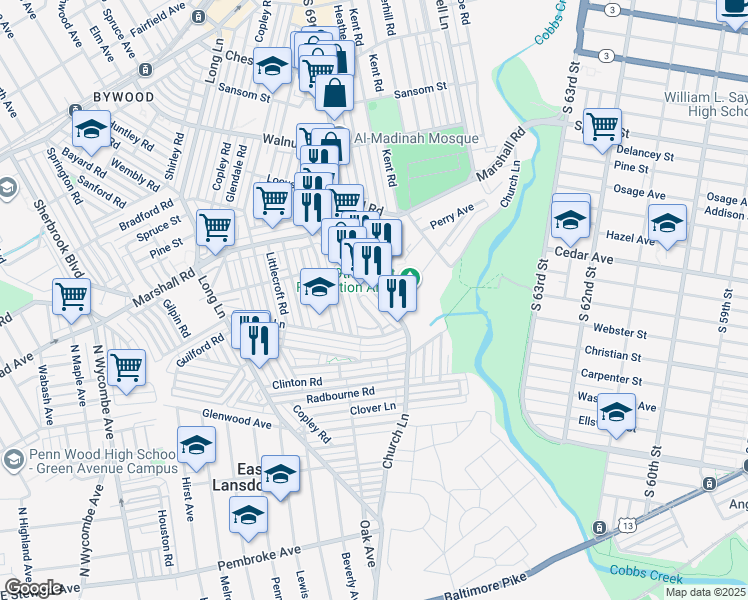 map of restaurants, bars, coffee shops, grocery stores, and more near 538 Wiltshire Road in Delaware County
