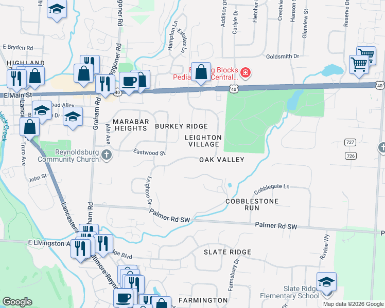 map of restaurants, bars, coffee shops, grocery stores, and more near 7841 Oak Valley Road in Reynoldsburg