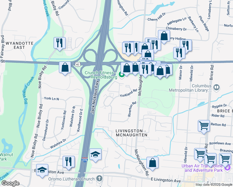 map of restaurants, bars, coffee shops, grocery stores, and more near 1362 Yorkland Road in Columbus