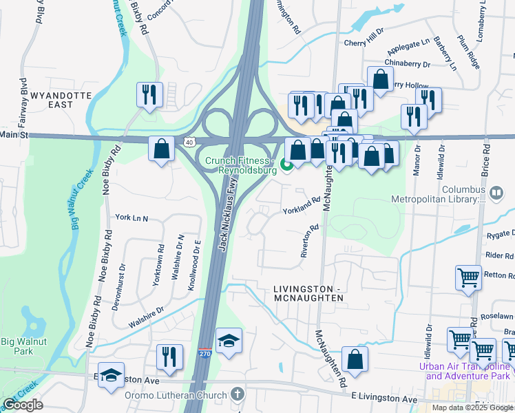 map of restaurants, bars, coffee shops, grocery stores, and more near 1387 Orchard Park Drive in Columbus