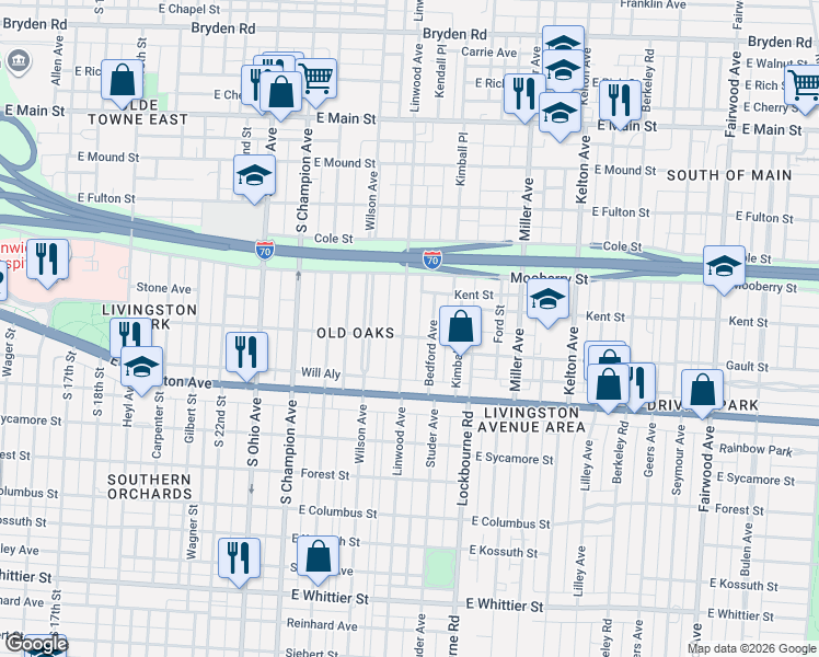 map of restaurants, bars, coffee shops, grocery stores, and more near 733 Bedford Avenue in Columbus