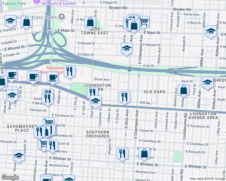 map of restaurants, bars, coffee shops, grocery stores, and more near 677 Gilbert Street in Columbus
