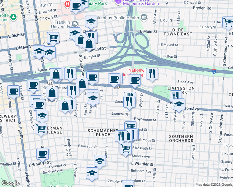map of restaurants, bars, coffee shops, grocery stores, and more near 627 Lehman Street in Columbus