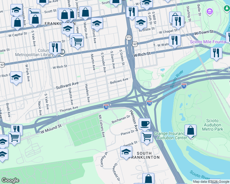 map of restaurants, bars, coffee shops, grocery stores, and more near 806 Thomas Avenue in Columbus