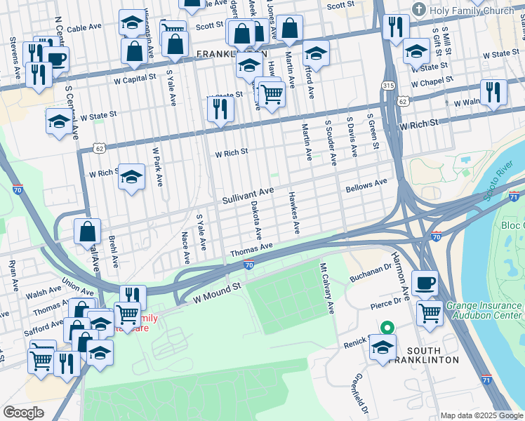 map of restaurants, bars, coffee shops, grocery stores, and more near 1035 Bellows Avenue in Columbus