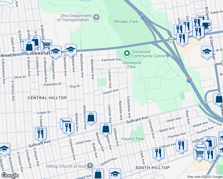 map of restaurants, bars, coffee shops, grocery stores, and more near 1951 Doren Avenue in Columbus