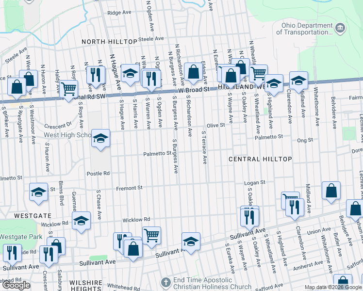 map of restaurants, bars, coffee shops, grocery stores, and more near 206 South Burgess Avenue in Columbus