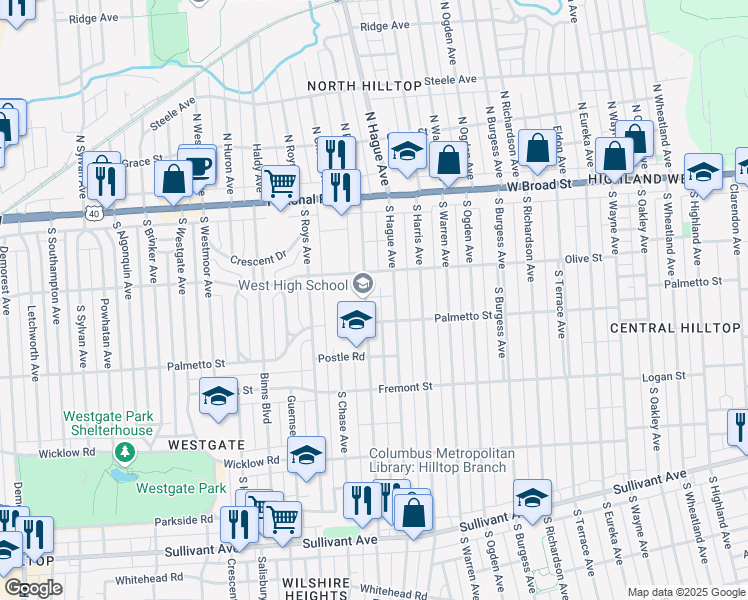 map of restaurants, bars, coffee shops, grocery stores, and more near 186 South Powell Avenue in Columbus
