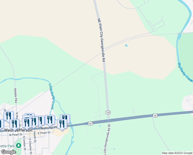 map of restaurants, bars, coffee shops, grocery stores, and more near 360 Ohio 142 in West Jefferson