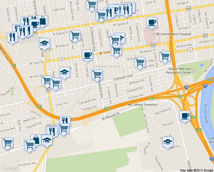 map of restaurants, bars, coffee shops, grocery stores, and more near 355 S Cypress Ave in Columbus