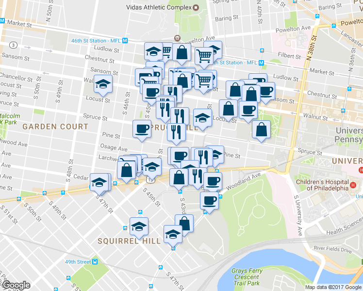 map of restaurants, bars, coffee shops, grocery stores, and more near 333 South 43rd Street in Philadelphia
